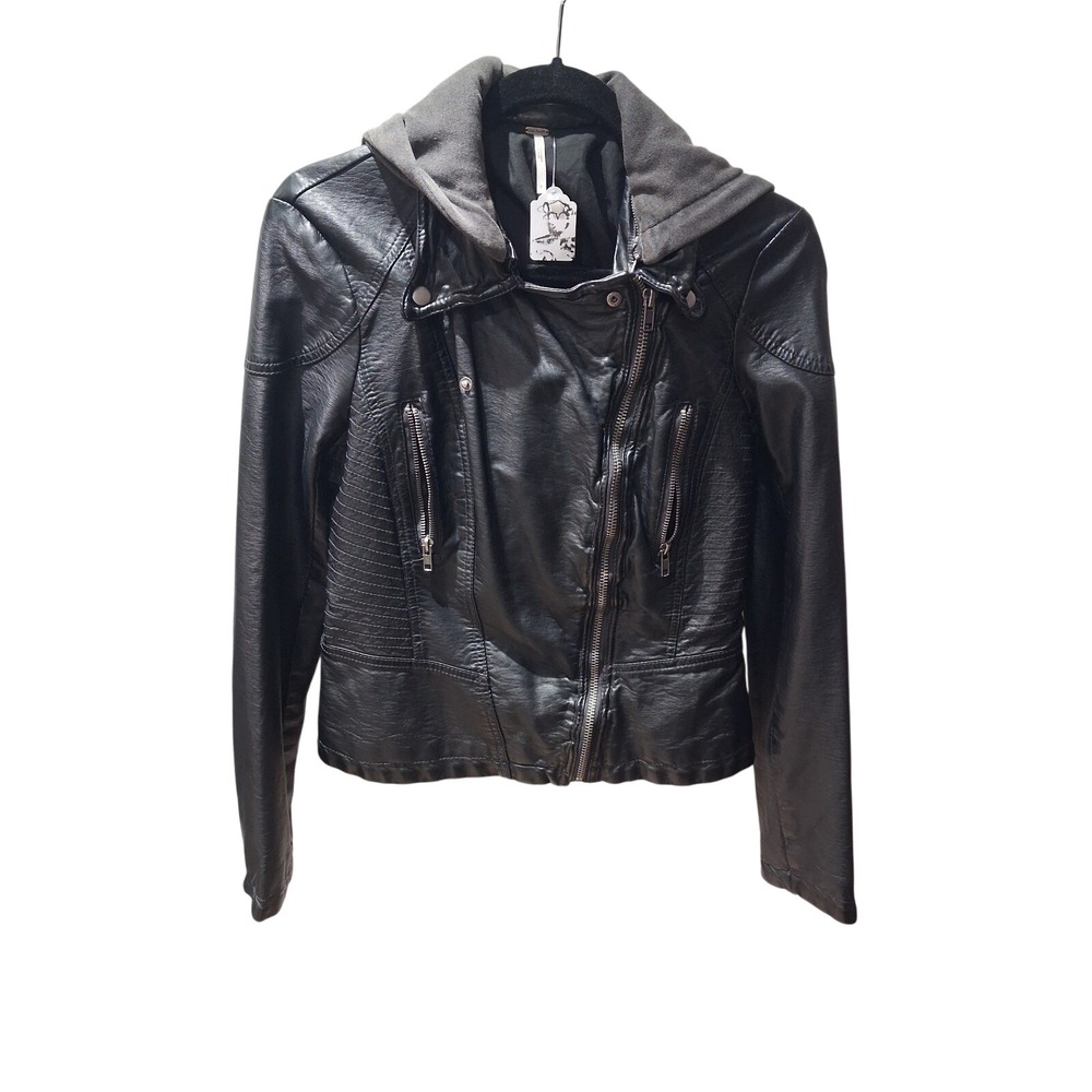 Free People Black Leather Jacket with Gray Hooded Layer